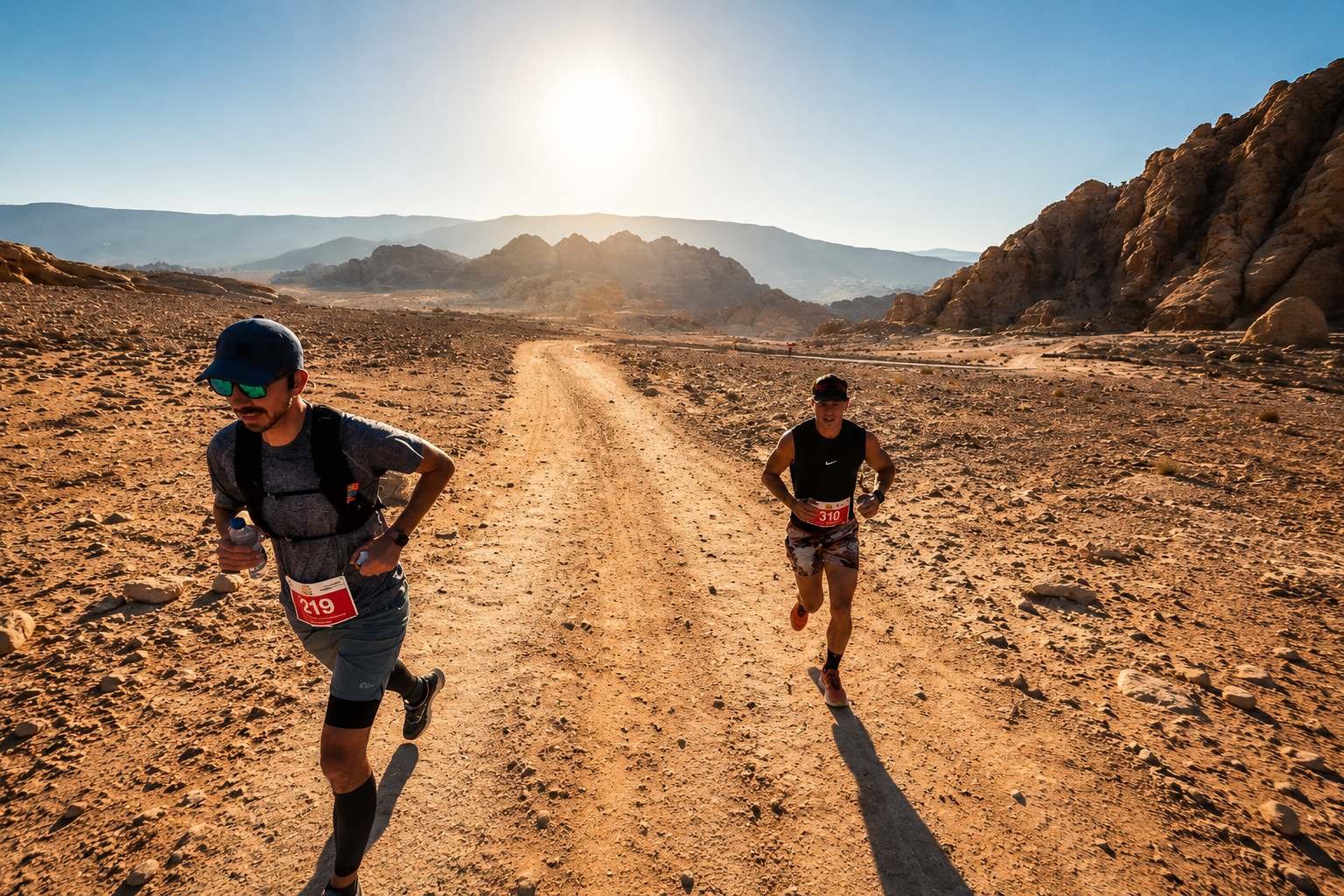 Runners competing on the rugged desert trail during the Petra Desert Marathon in Petra Jordan
