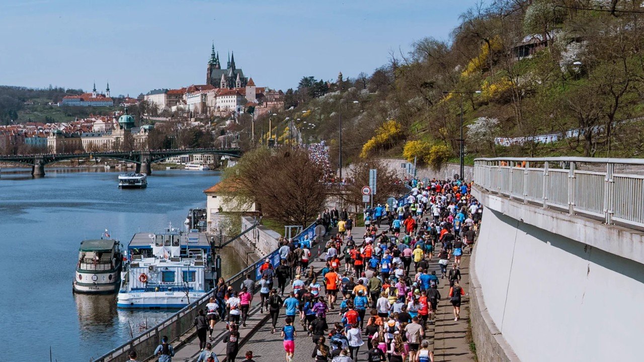 Runners at the Prague International Marathon on the streets of the Czech capital