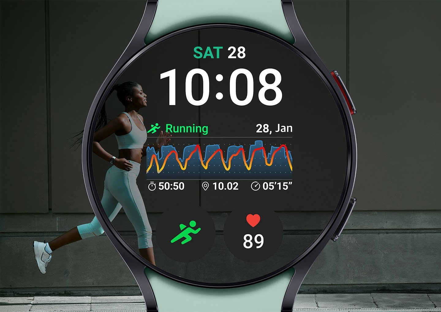 Samsung Rolls Out July 2026 Galaxy Watch Update 1 Samsung Galaxy Watch running display showing workout stats and heart rate during a run