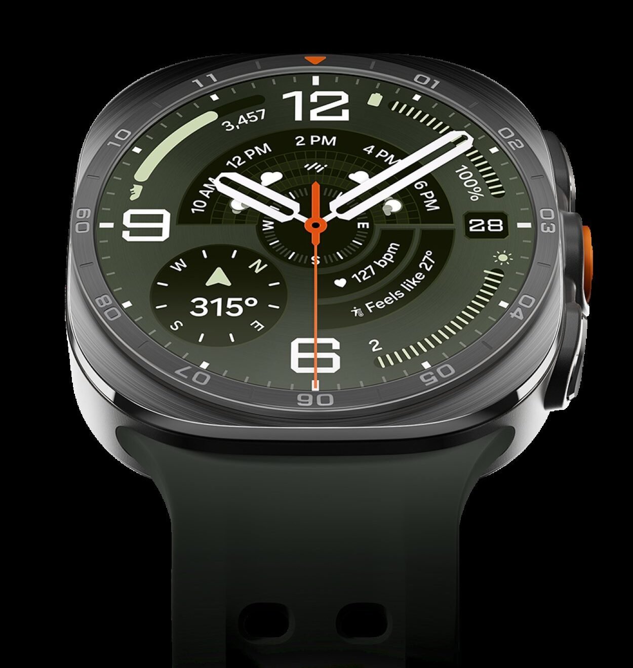 Samsung Galaxy Watch Ultra2 Launched: Trail Run, Coach, Battery — Here's What Runners Get 1 Samsung Galaxy Watch Ultra2 in Titanium Black with dark green band showing Trail Run watch face with compass, heart rate and elevation data