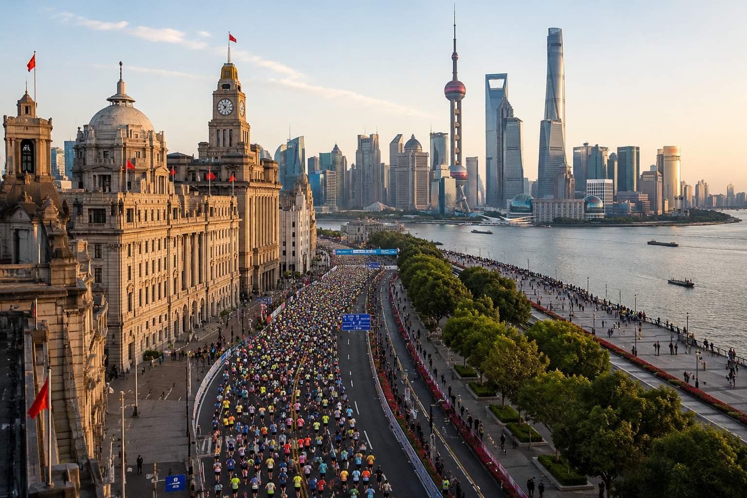 Shanghai Marathon 2026: Complete Guide for Runners (Entry, Visa, Course & Dates) 2 Thousands of runners starting the Shanghai Marathon along The Bund waterfront with the Oriental Pearl Tower and Shanghai Tower skyline visible across the Huangpu River