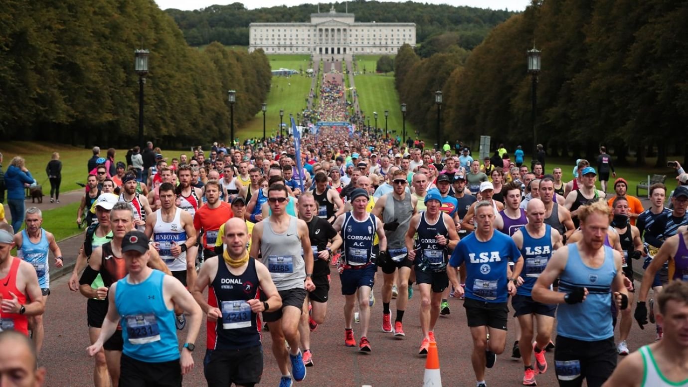 Runners setting off at the Belfast City Marathon from Stormont Estate, lining the tree-flanked Prince of Wales Avenue at the start of the 26.2-mile route through Belfast