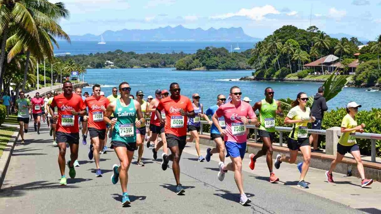 Runners competing along the palm-lined Cairns Esplanade at the Cairns Marathon Festival in tropical North Queensland