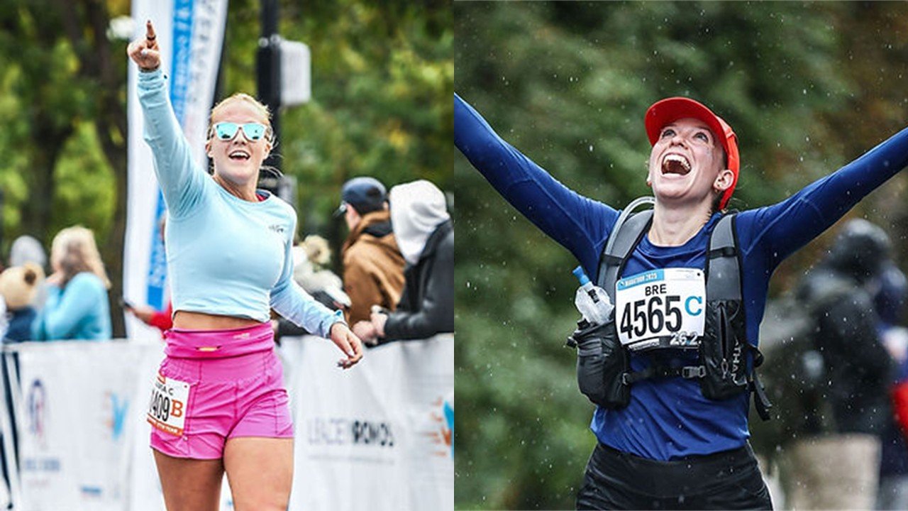 Runner celebrating at the finish line of the Nationwide Children's Hospital Columbus Marathon in Ohio