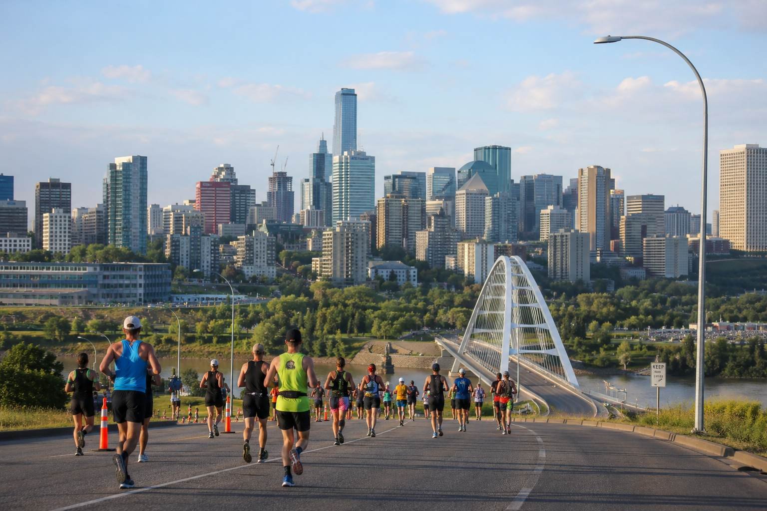 Runners with city skyline background.