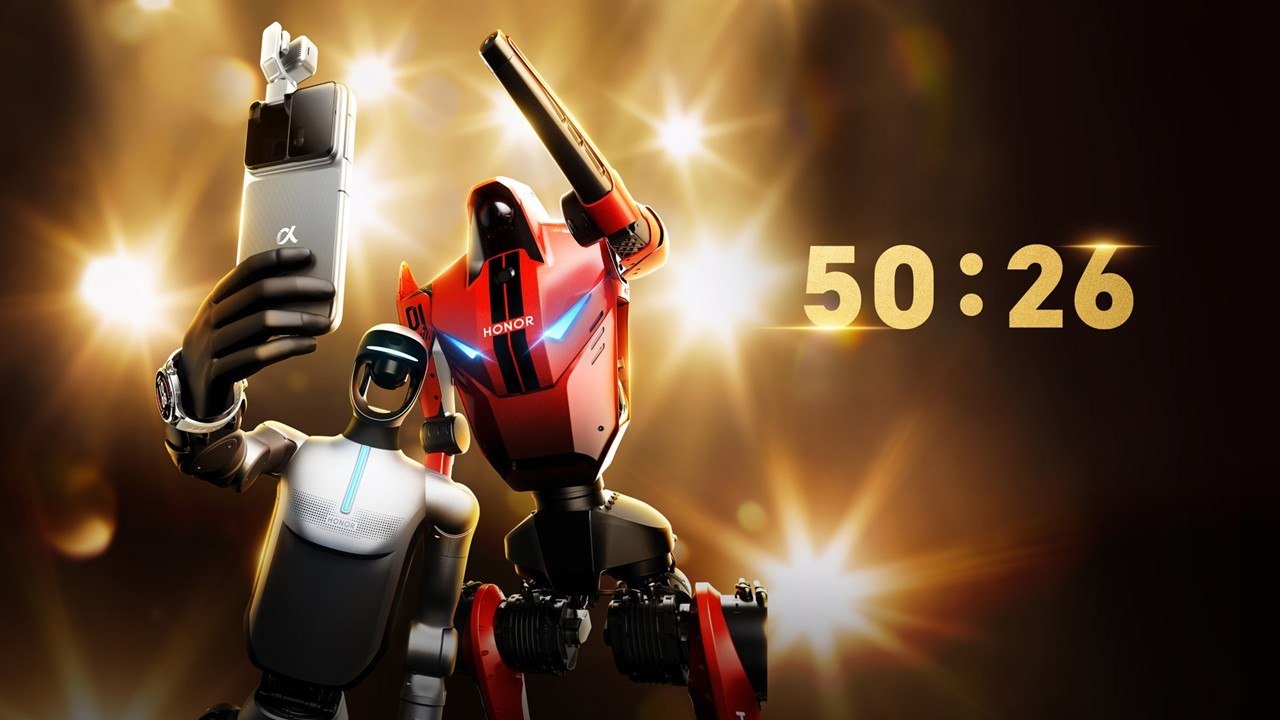 Honor Robotics A1 and D1 humanoid robots celebrating a 50:26 half-marathon finish time at the Beijing E-Town race in April 2026