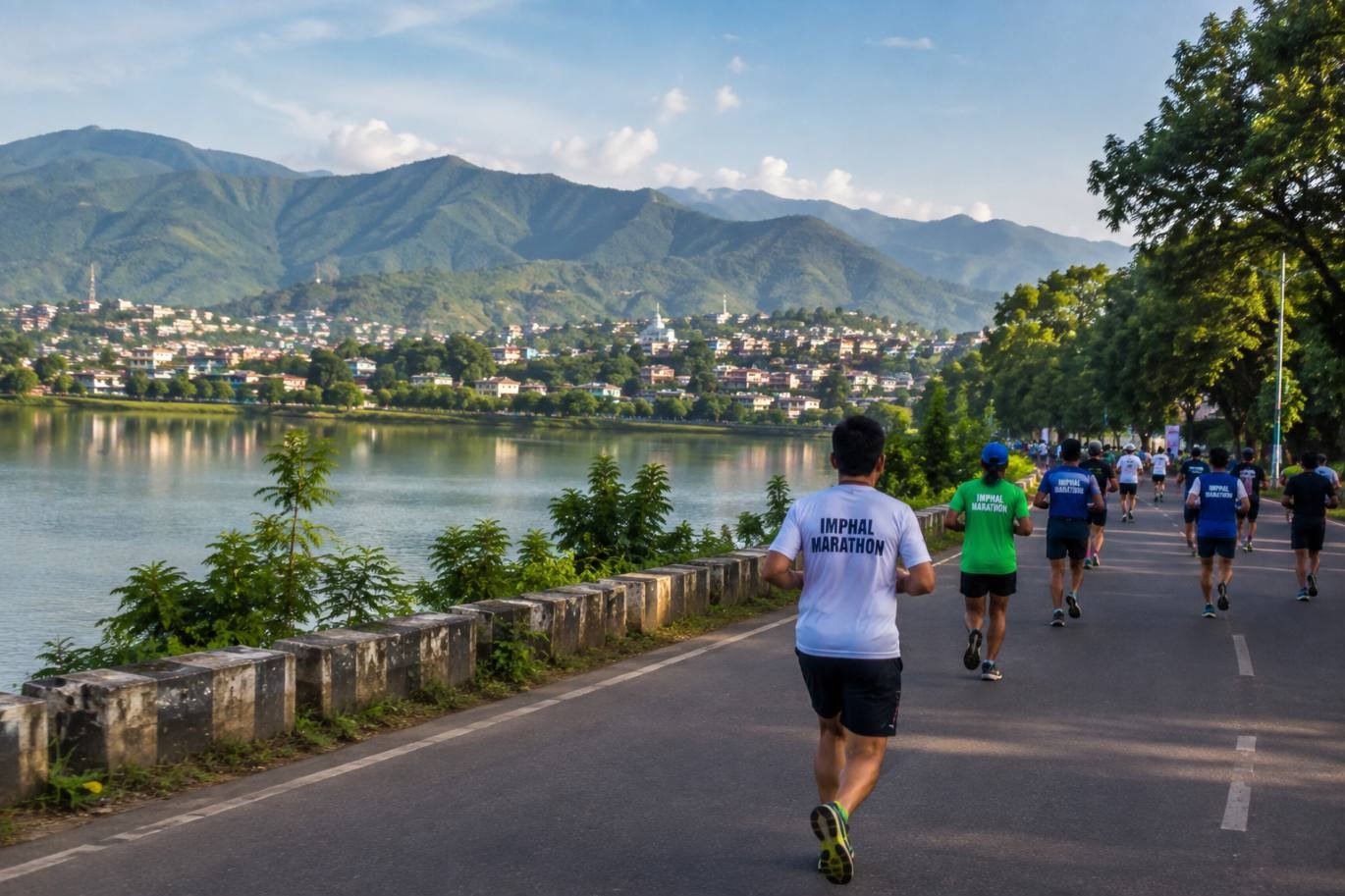 Runners along a scenic lakeside road with mountains near Imphal, Manipur