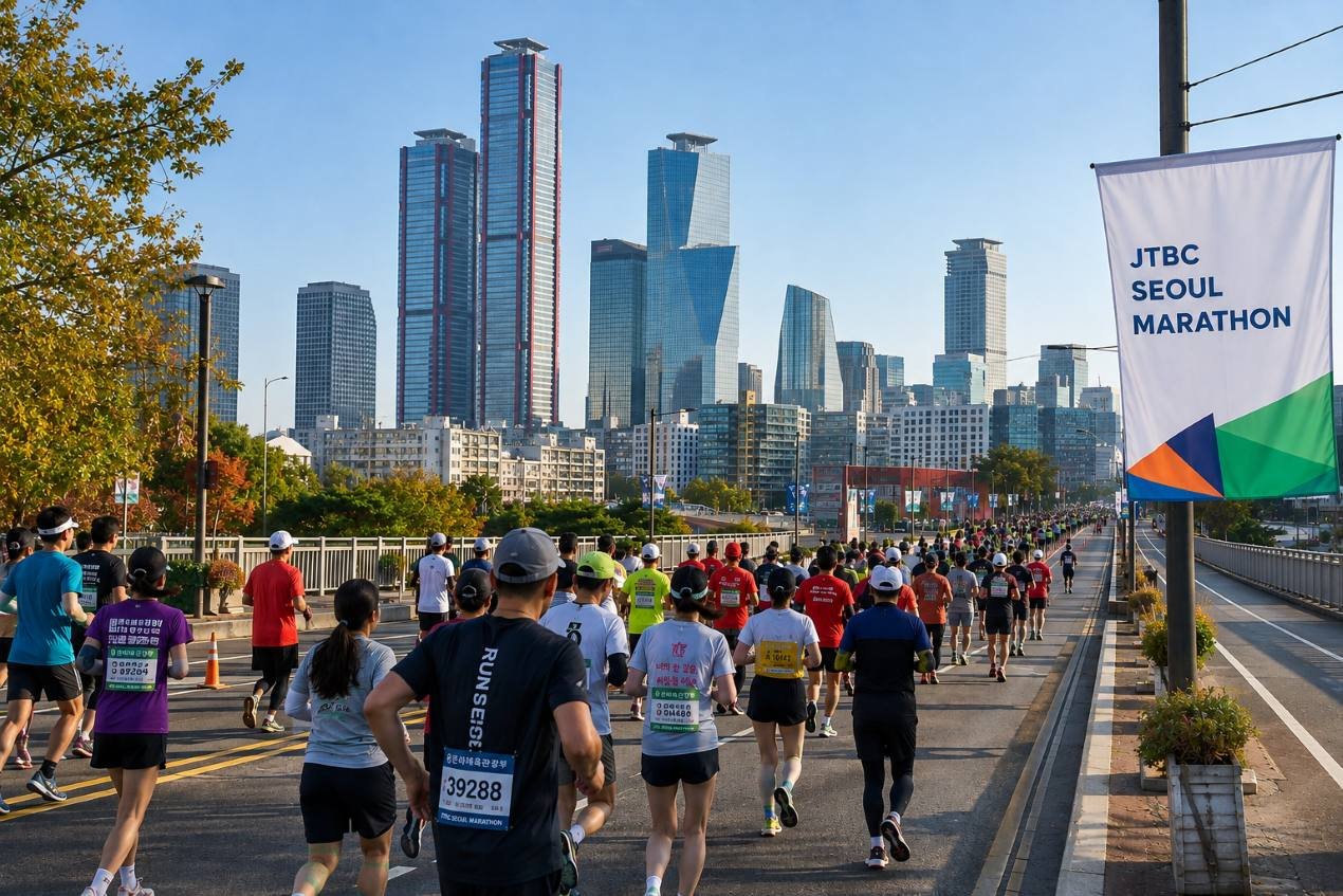 Runners competing at the JTBC Seoul Marathon in Seoul, South Korea