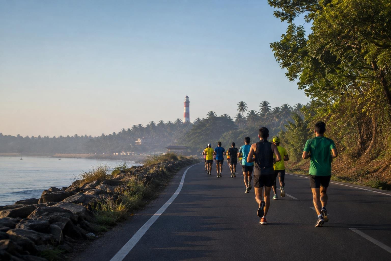 Runners on a scenic coastal road near Kovalam, Kerala