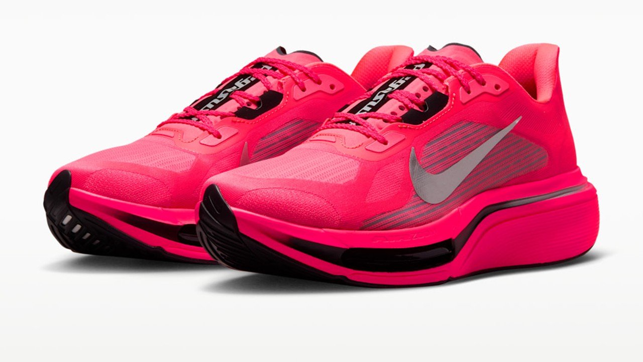 Nike Pegasus Plus 2 men's road running shoe in Flash Crimson colorway, showing the exposed curved Air Zoom forefoot unit and full-length ZoomX midsole