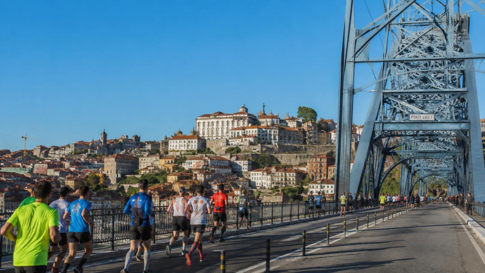 Runners crossing the Dom Luís I Bridge during the Porto Marathon with the Douro River and historic Porto skyline in the background.