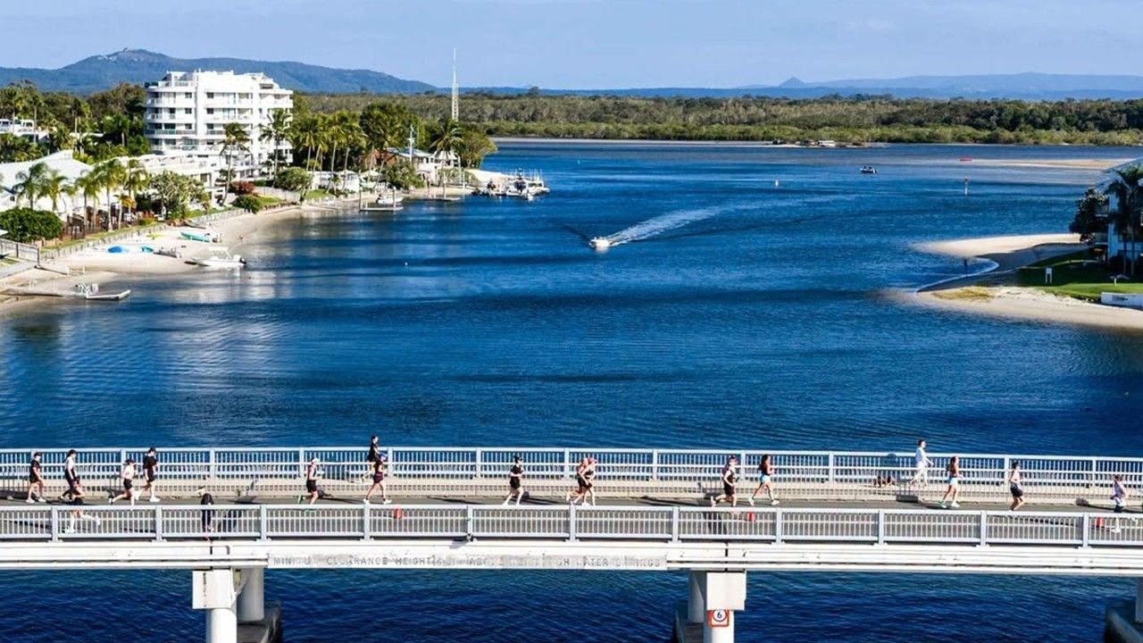 Runners crossing the Noosa River bridges at the Runaway Noosa Marathon, Sunshine Coast