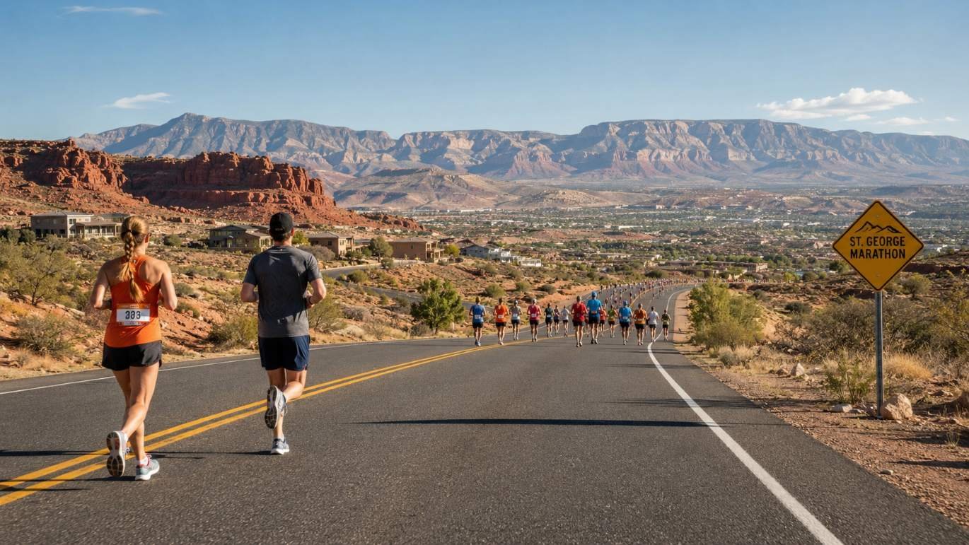 Runners on a scenic desert road with mountains during the St. George Marathon.