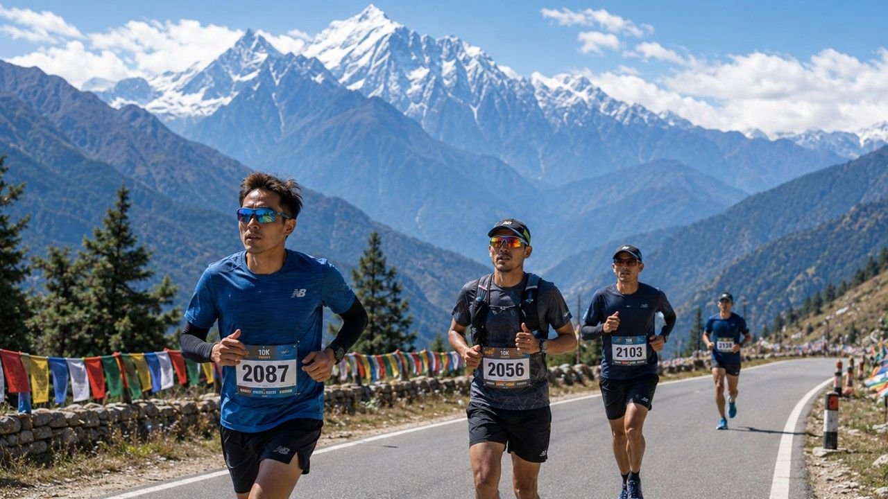 Runners competing in the Tawang Marathon on a mountain road at 10,000 feet, with snow-capped Himalayan peaks in the background, Arunachal Pradesh