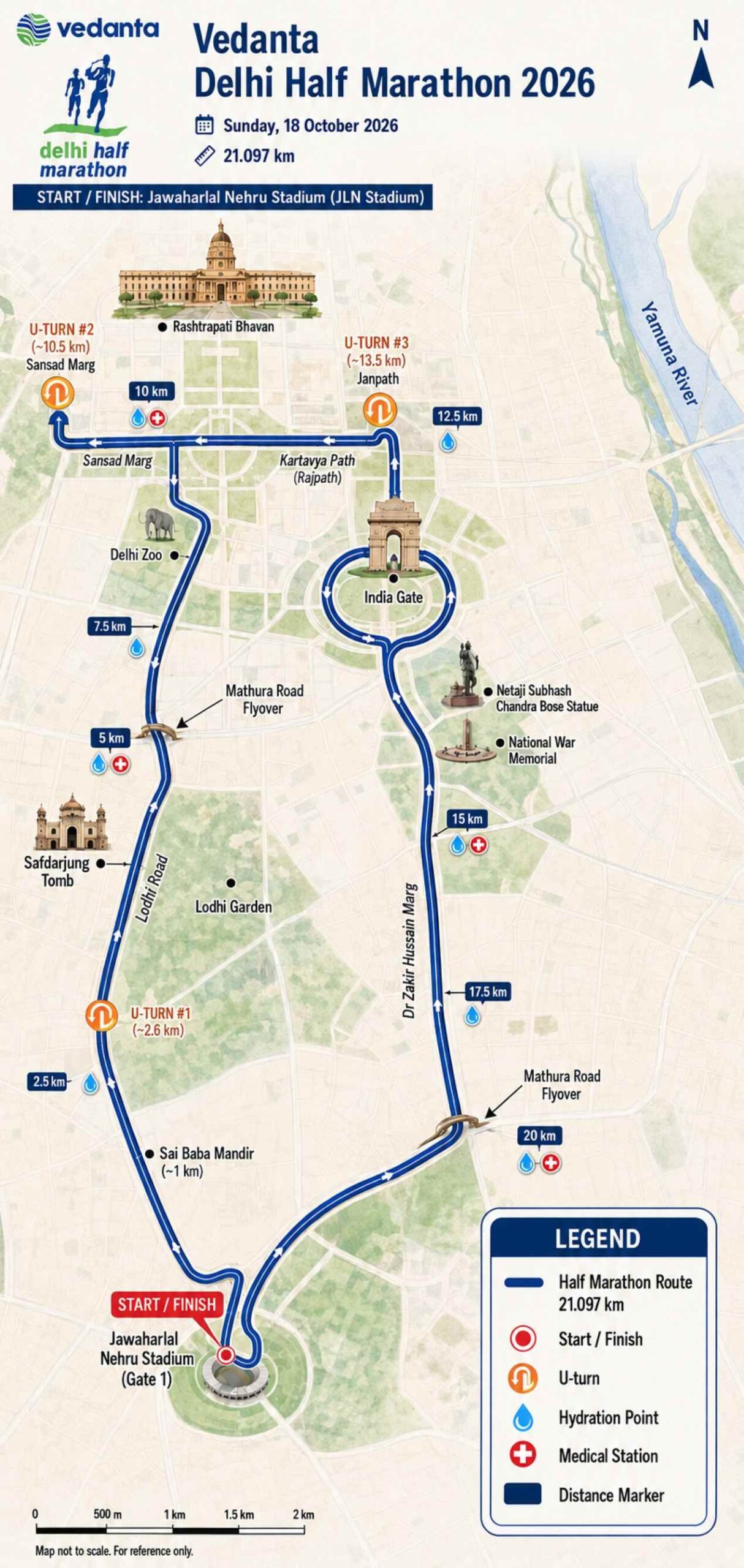 Vedanta Delhi Half Marathon 2026: Date, Registration, Route & Complete Guide 2 Vedanta Delhi Half Marathon 2026 course map showing the 21.097 km route from Jawaharlal Nehru Stadium through Lodhi Road, Mathura Road flyover, India Gate and Kartavya Path with distance markers and hydration points