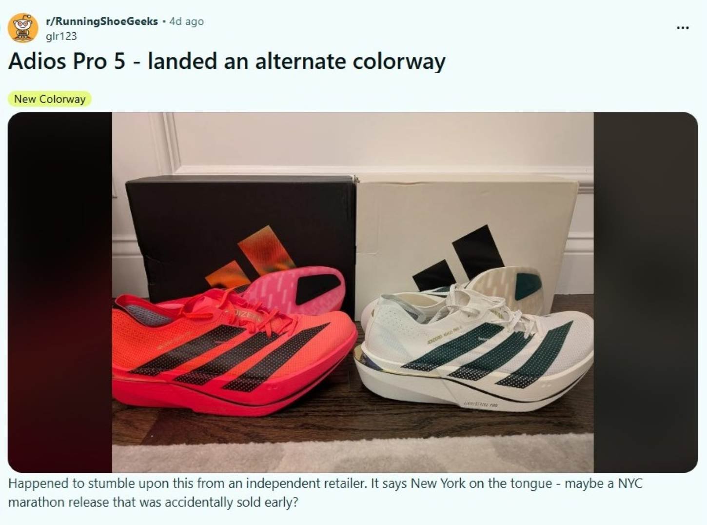 Adidas Adizero Adios Pro 5 New York colorway spotted by r/RunningShoeGeeks