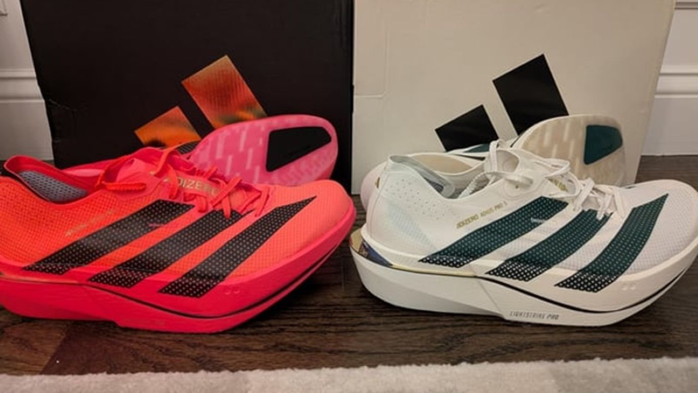 Adidas Adizero Adios Pro 5 New York colorway next to the Solar Turbo launch edition, spotted by a Reddit user before the official drop