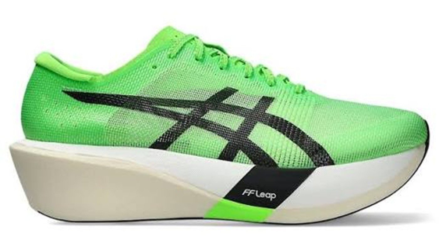 Asics Metaspeed Edge Tokyo carbon racing shoe lateral profile view showing FF Leap midsole and carbon plate construction