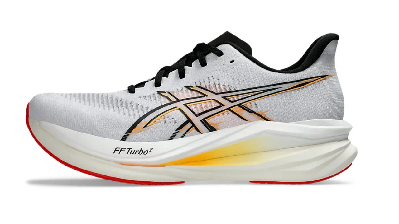 ASICS SONICBLAST 2 men's running shoe in White/Stadium Orange colourway showing FF Turbo² midsole stack and engineered mesh upper