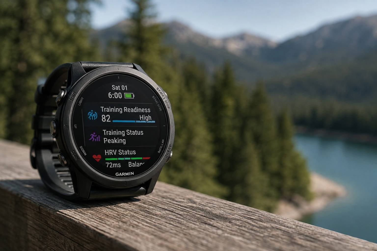 Garmin running watch displaying Training Readiness 82, Training Status Peaking and HRV Status 72ms balanced, resting on a wooden railing with a mountain lake in the background