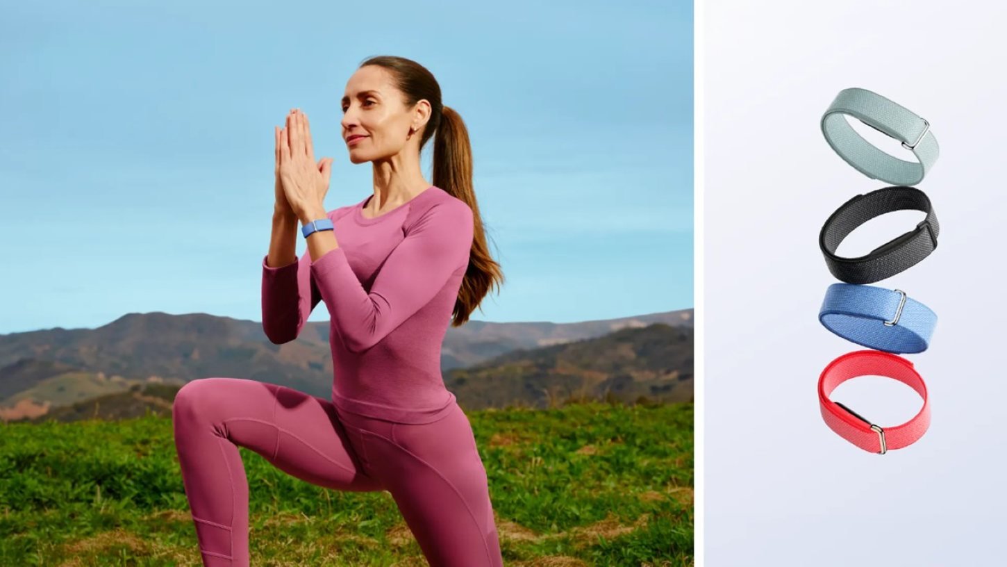 Woman doing an outdoor fitness workout wearing the Fitbit Air, with Performance Loop band colour options in sage, black, blue and red shown alongside