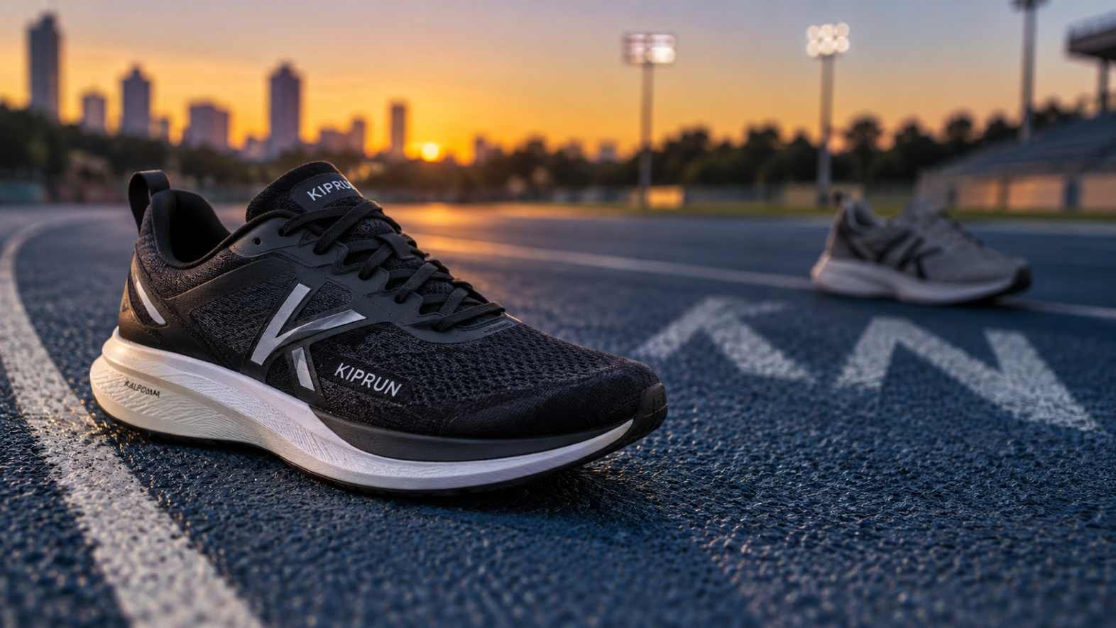 Illustrative image of a Kiprun running shoe on an athletics track at sunset