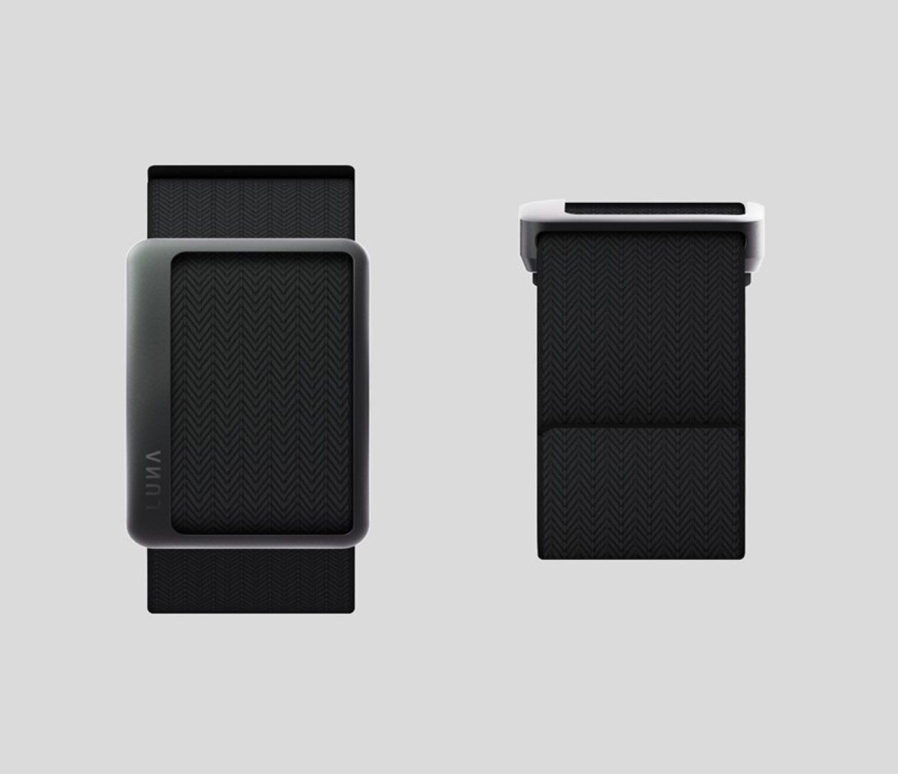 Luna Band Onyx Black screenless fitness tracker showing front and side profile with herringbone nylon strap