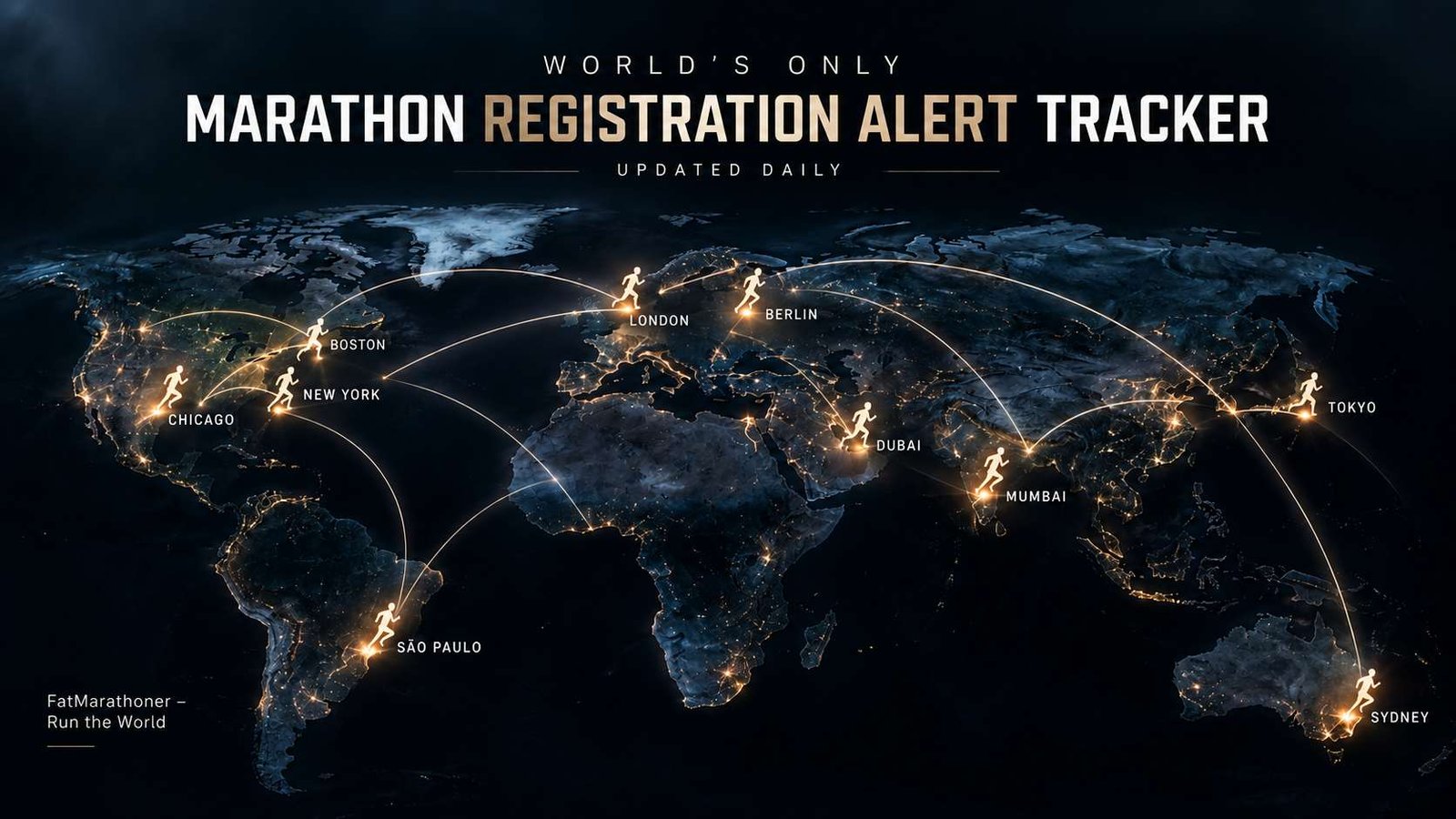 World map showing major marathon cities connected by running route lines for a marathon registration alert tracker