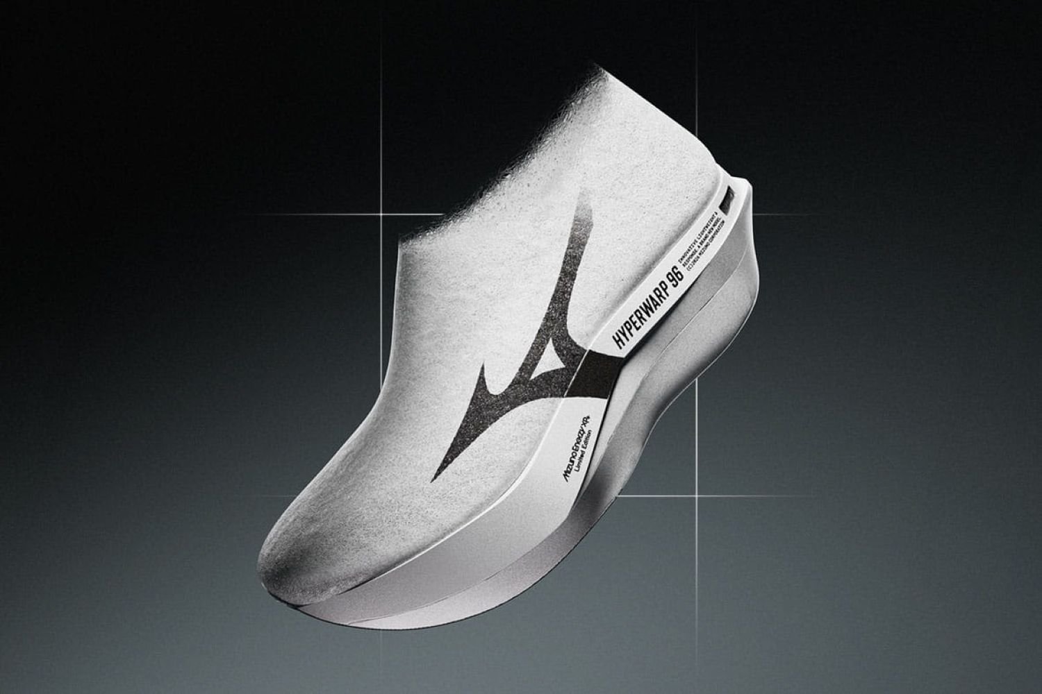 Mizuno Hyperwarp 96 carbon-plated racing shoe in white and black, weighing 96 grams, limited to 696 pairs worldwide