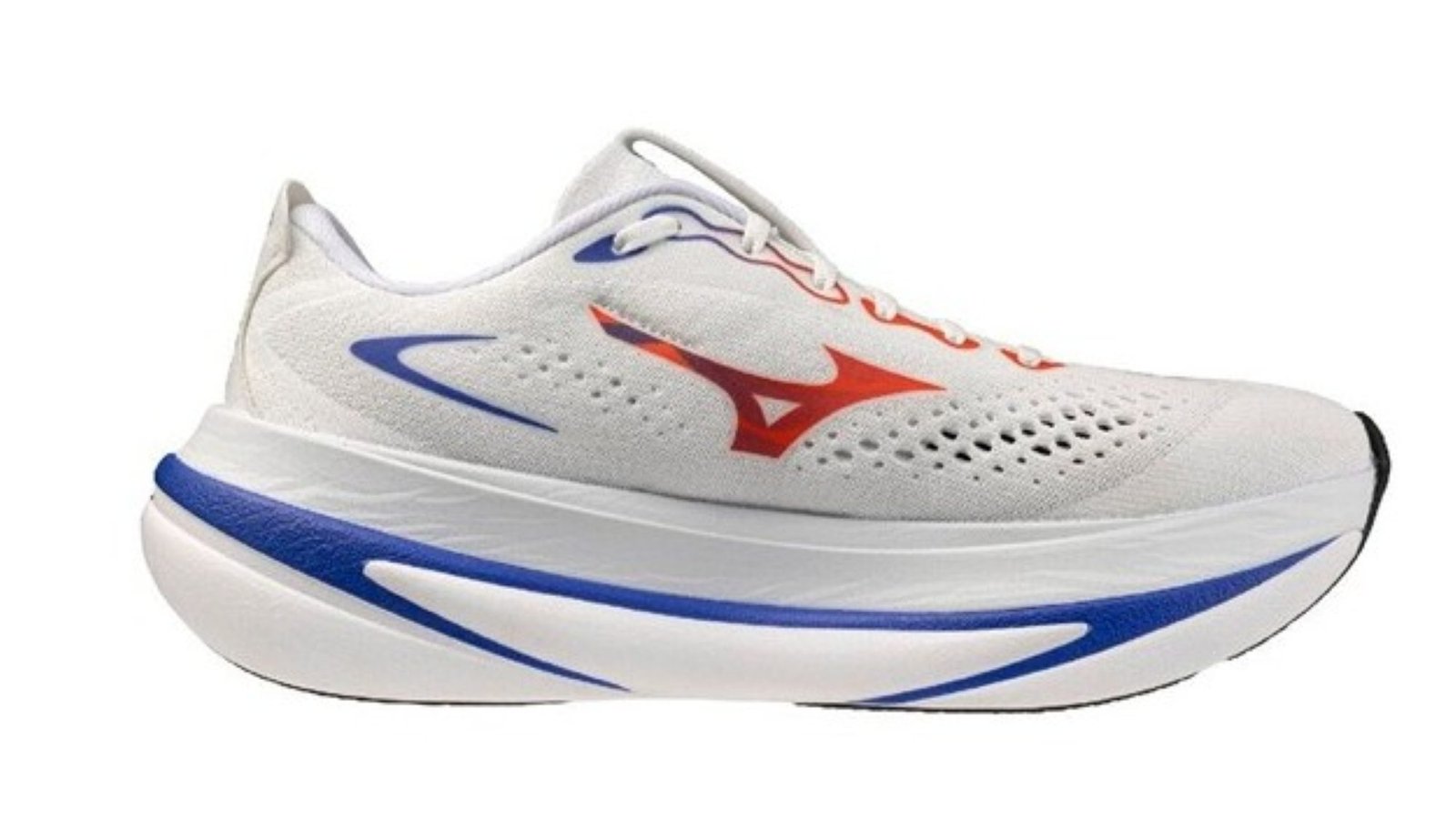 Mizuno Sky Prime First Look: Mizuno's New Max-Cushion Trainer With Dual-Layer PEBA Foam 1 Mizuno Sky Prime max-cushion running shoe in White Orange Royal Blue colorway, lateral view showing 47mm heel stack and Clip Midsole construction
