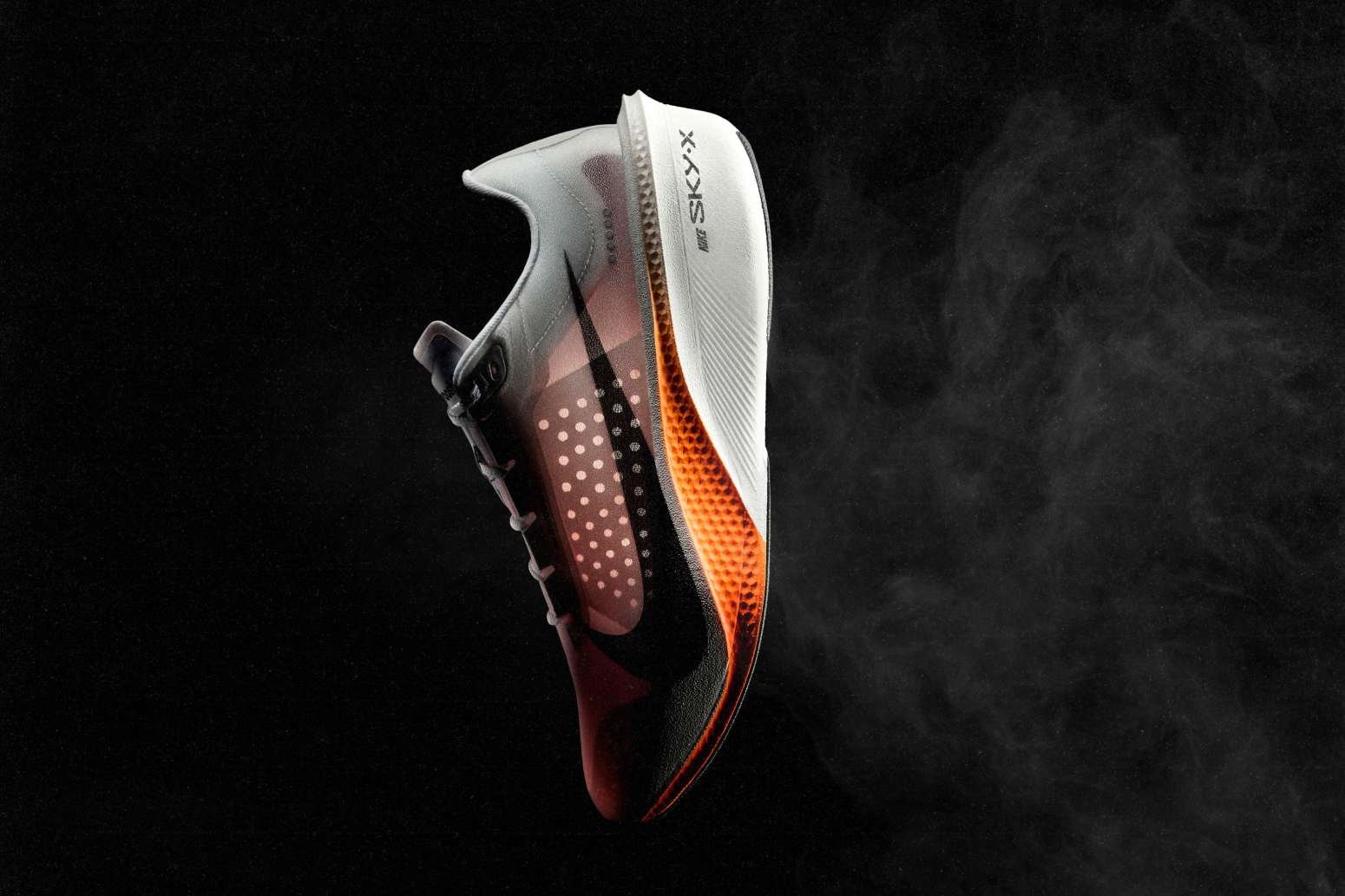 Side profile of Nike Swooshfly running shoe showing SkyX foam midsole carbon fiber Flyplate and rocker geometry
