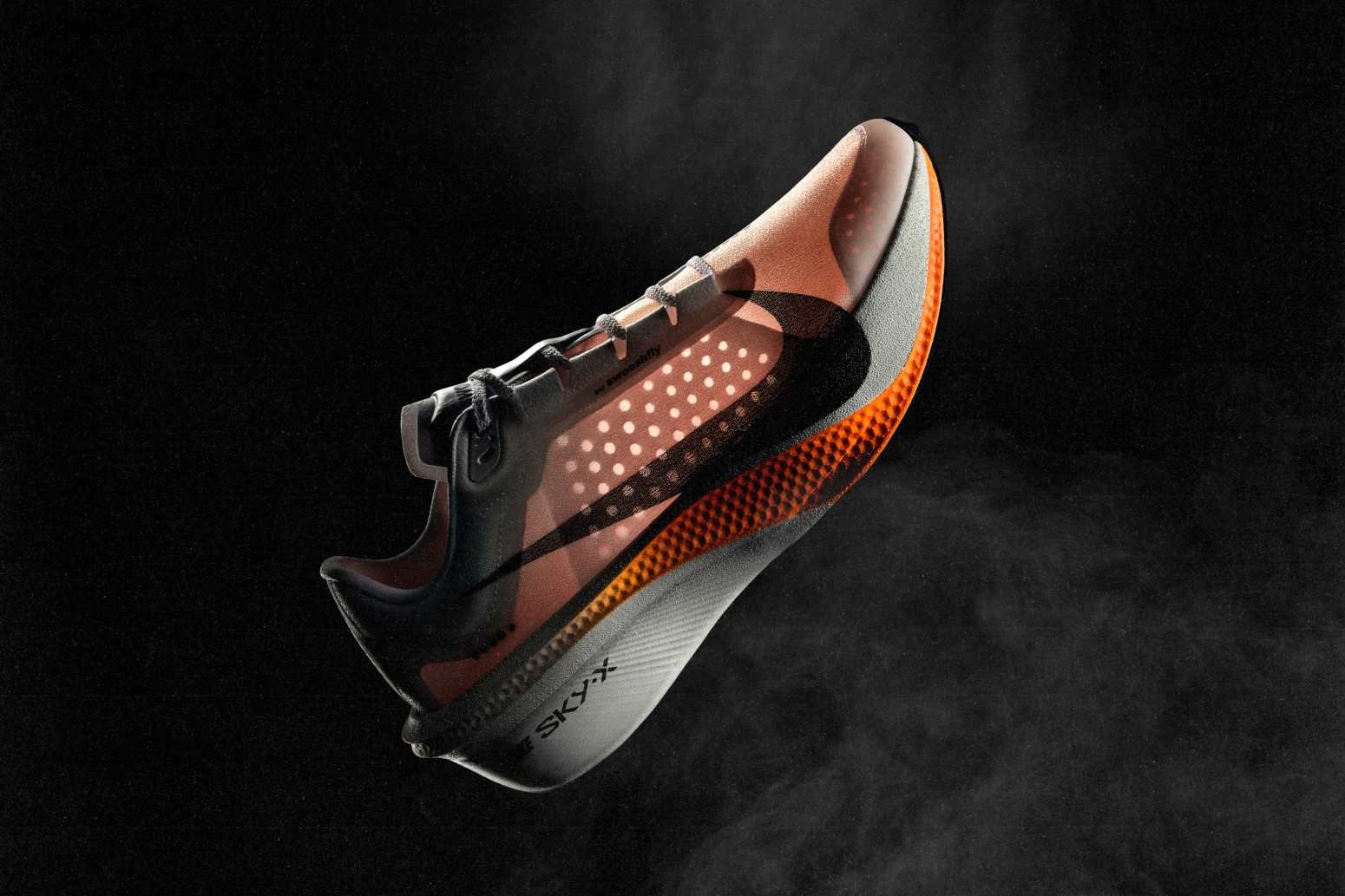 Nike Swooshfly cutaway view showing SkyX supercritical foam midsole and translucent Vaporweave upper interior construction
