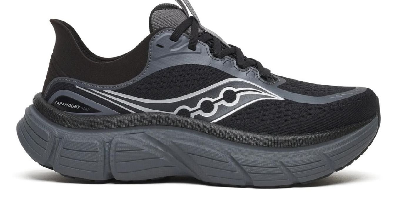 Saucony Paramount Max running shoe in black and grey with IncrediRUN midsole, medial side view