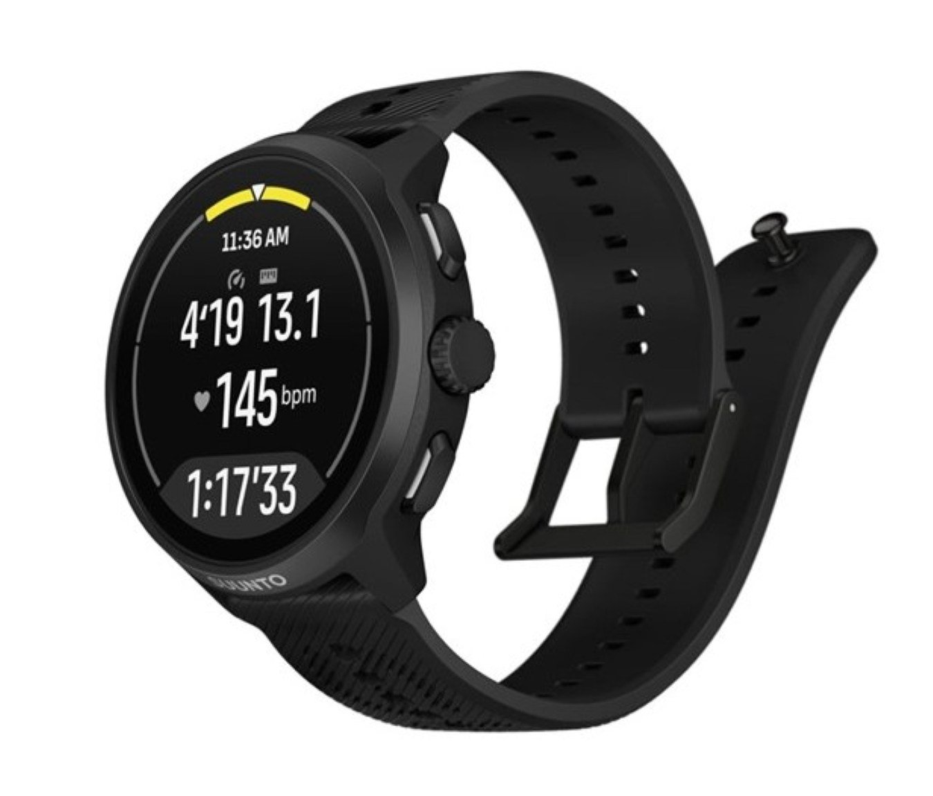 Suunto Run 2 Price Specs and Preview for Marathon Runners 1 A close up view of the black Suunto Run 2 GPS watch displaying running metrics like pace and heart rate on its screen.