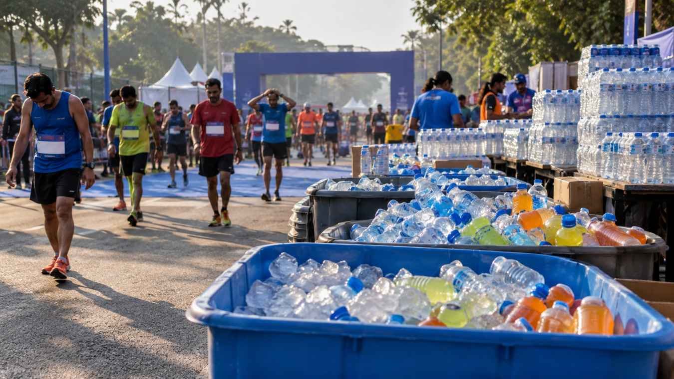 Illustrative image of marathon runners passing a hydration area with bottled water, ice and electrolyte drinks in Bengaluru