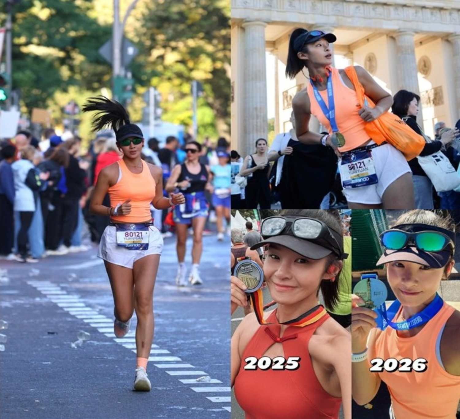 Runner celebrating marathon achievements and medals.