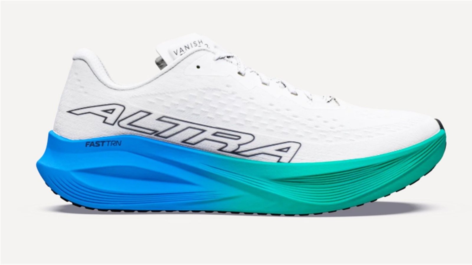 Altra Vanish Tempo 2 running shoe in white with blue and teal FAST TRN midsole, side profile view