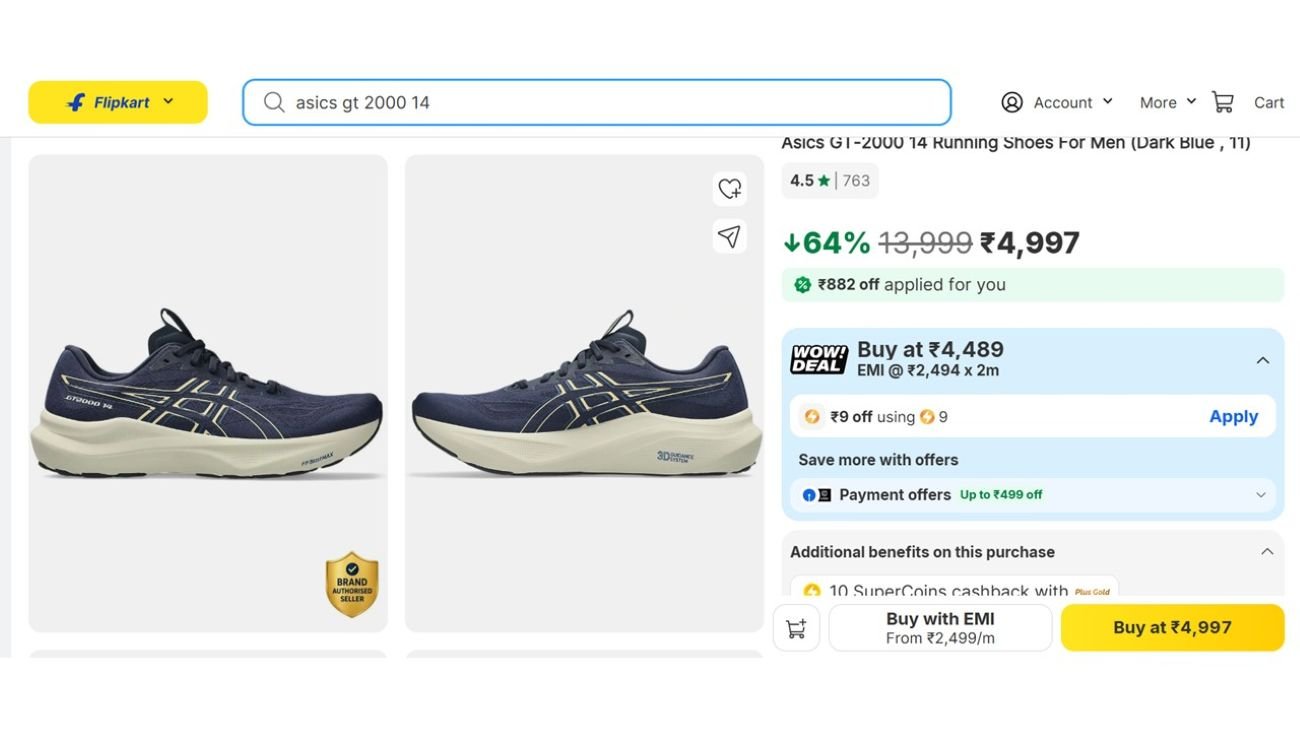 ASICS GT-2000 14 listed at ₹4,997 with 64% off on Flipkart, showing the Brand Authorised Seller badge