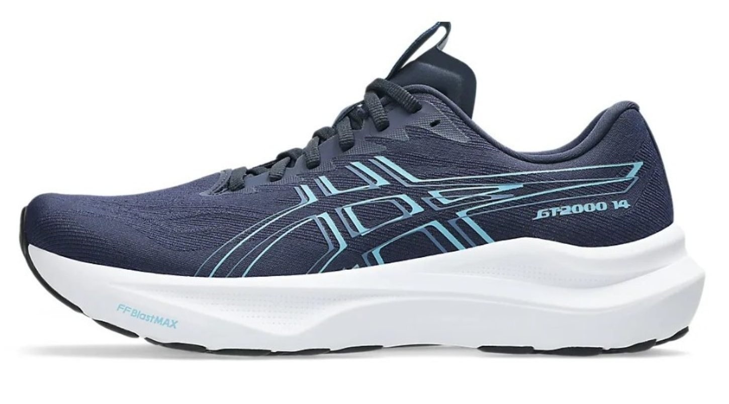 Blue running shoe with white sole
