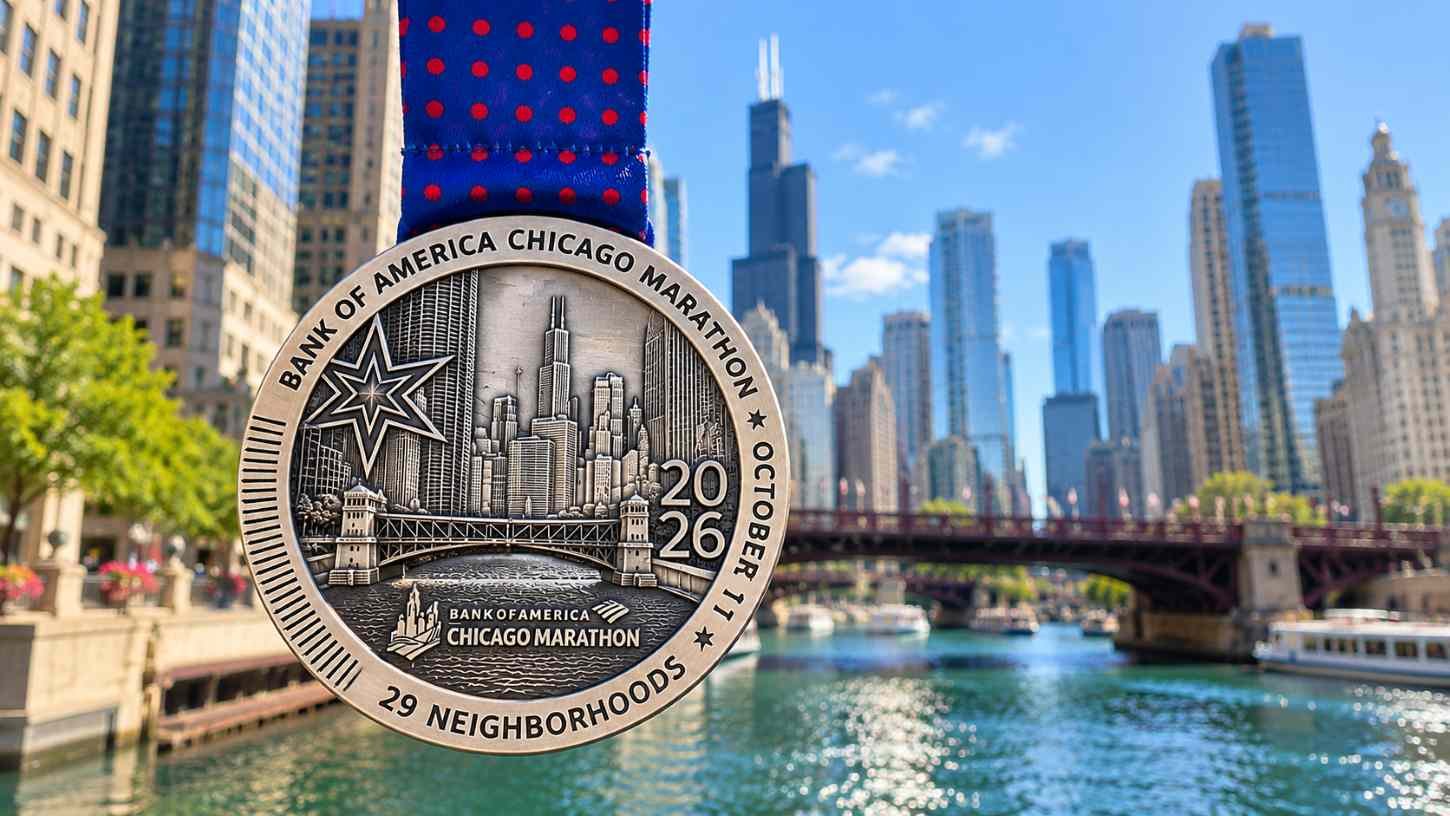 Chicago Marathon 2026 finisher medal with the Chicago River and skyline in the background