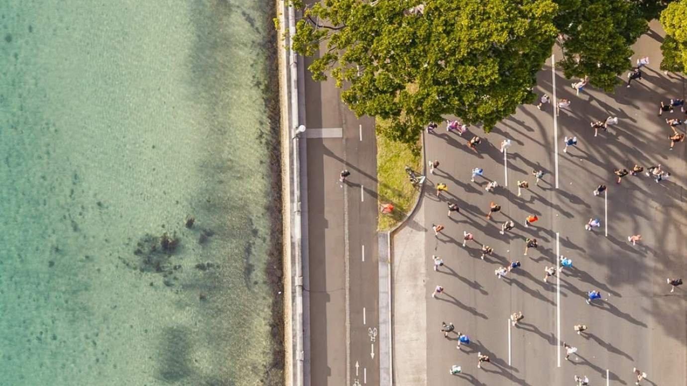 Aerial view of City2Surf runners along New South Head Road in Rose Bay, Sydney, with Sydney Harbour visible alongside the course