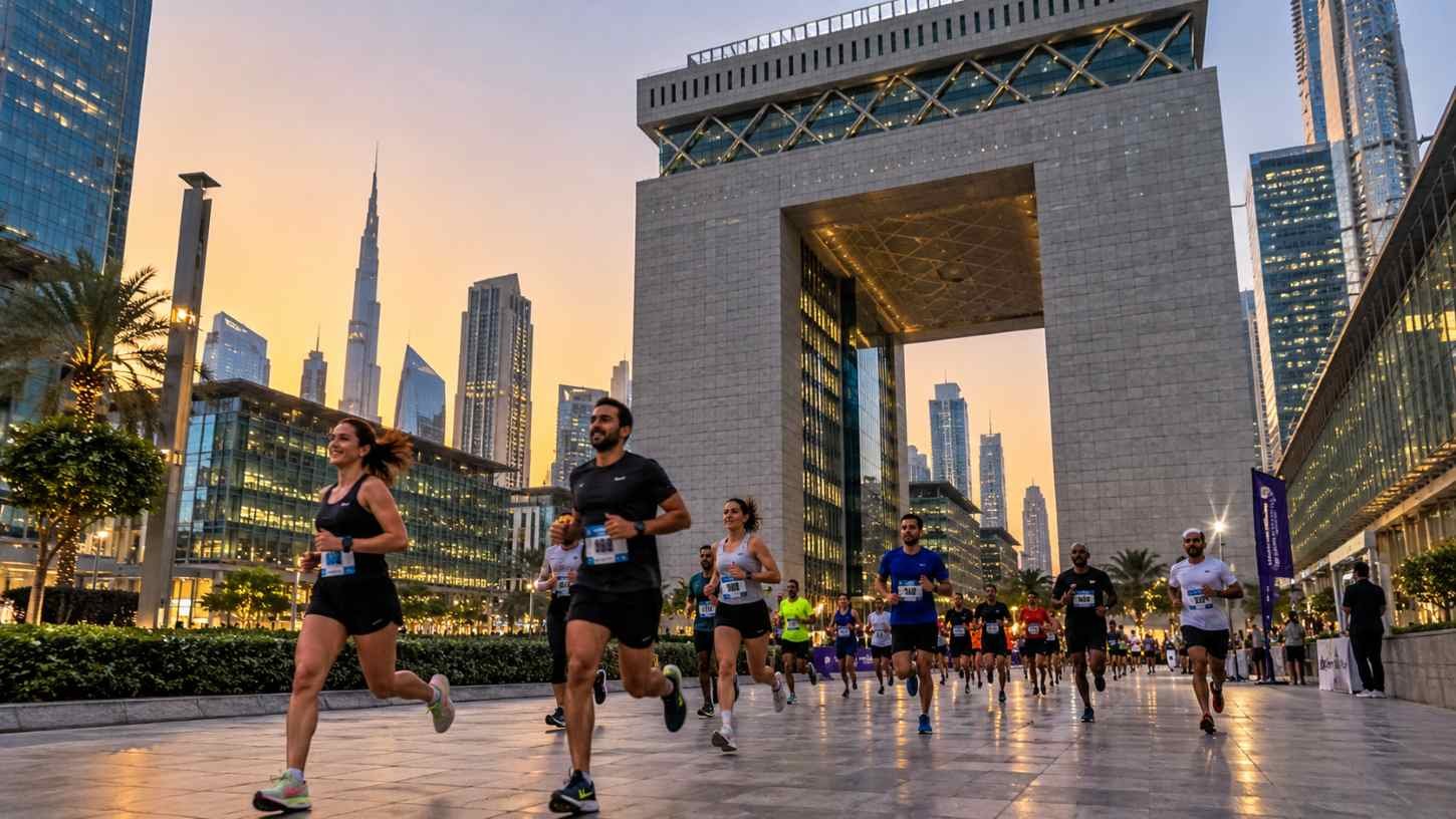 Runners taking part in an illustrative corporate relay scene near DIFC Gate Building in Dubai at sunset.