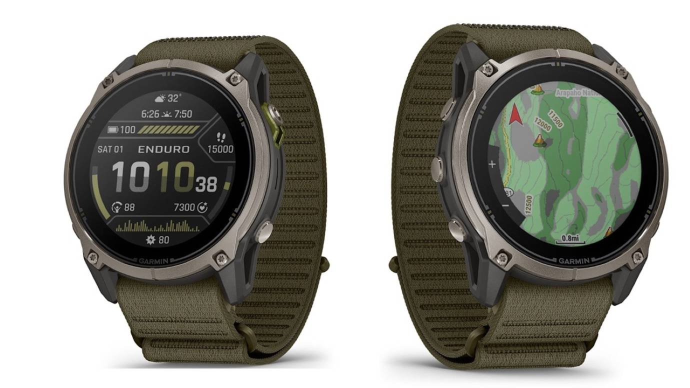 Garmin Enduro 4 ultraperformance GPS smartwatch showing watch face and TopoActive trail map on 51mm MiP display with dark olive ComfortFit band