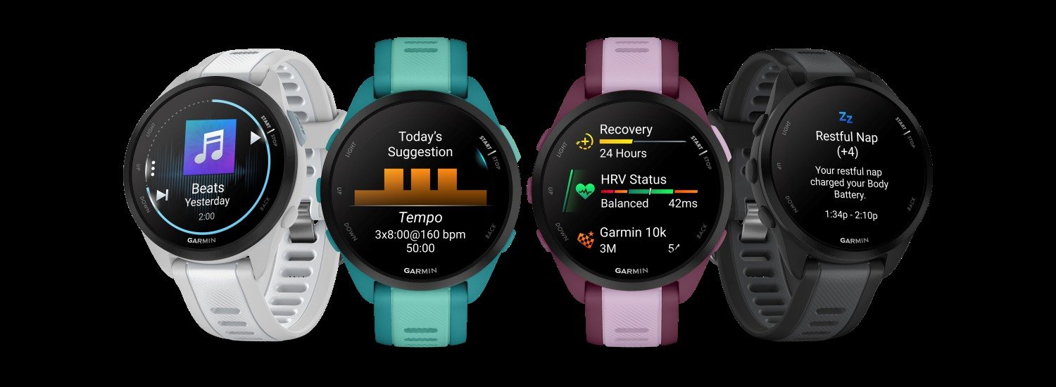 Garmin Forerunner 165 series in four colours showing music controls, daily suggested workout, HRV status and Body Battery on AMOLED display