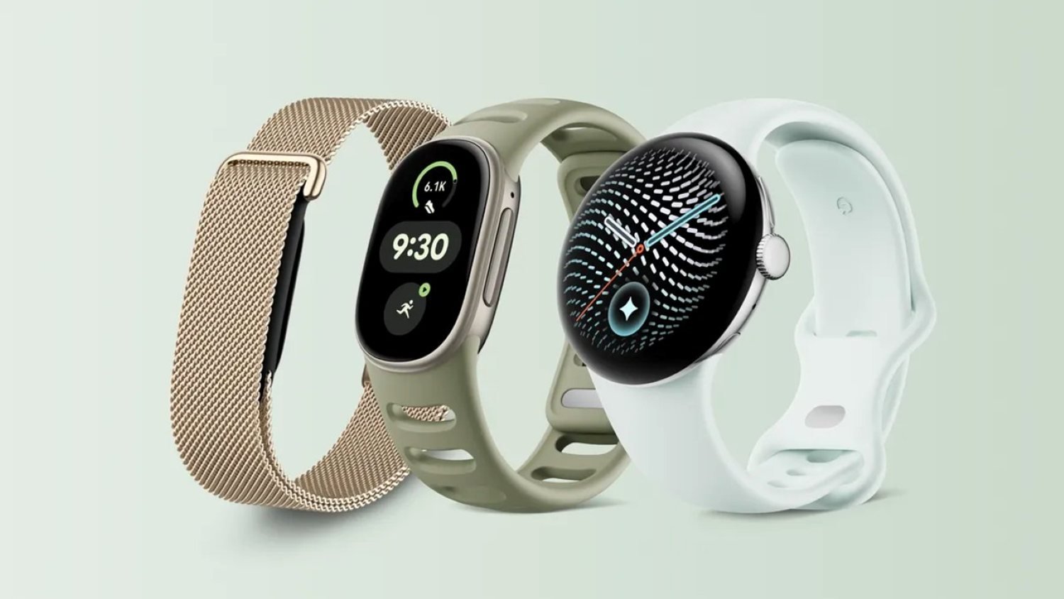 Google Fitbit Edge fitness tracker in olive green alongside the Fitbit Air and Pixel Watch 5