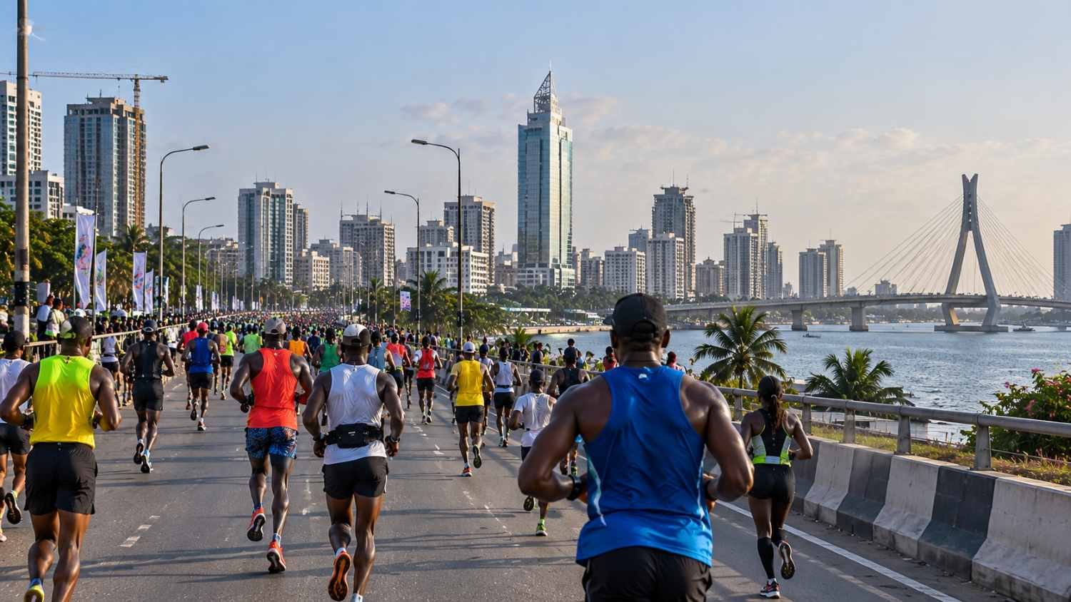 Runners taking part in a Lagos city marathon with the Lagos skyline and waterfront in the background