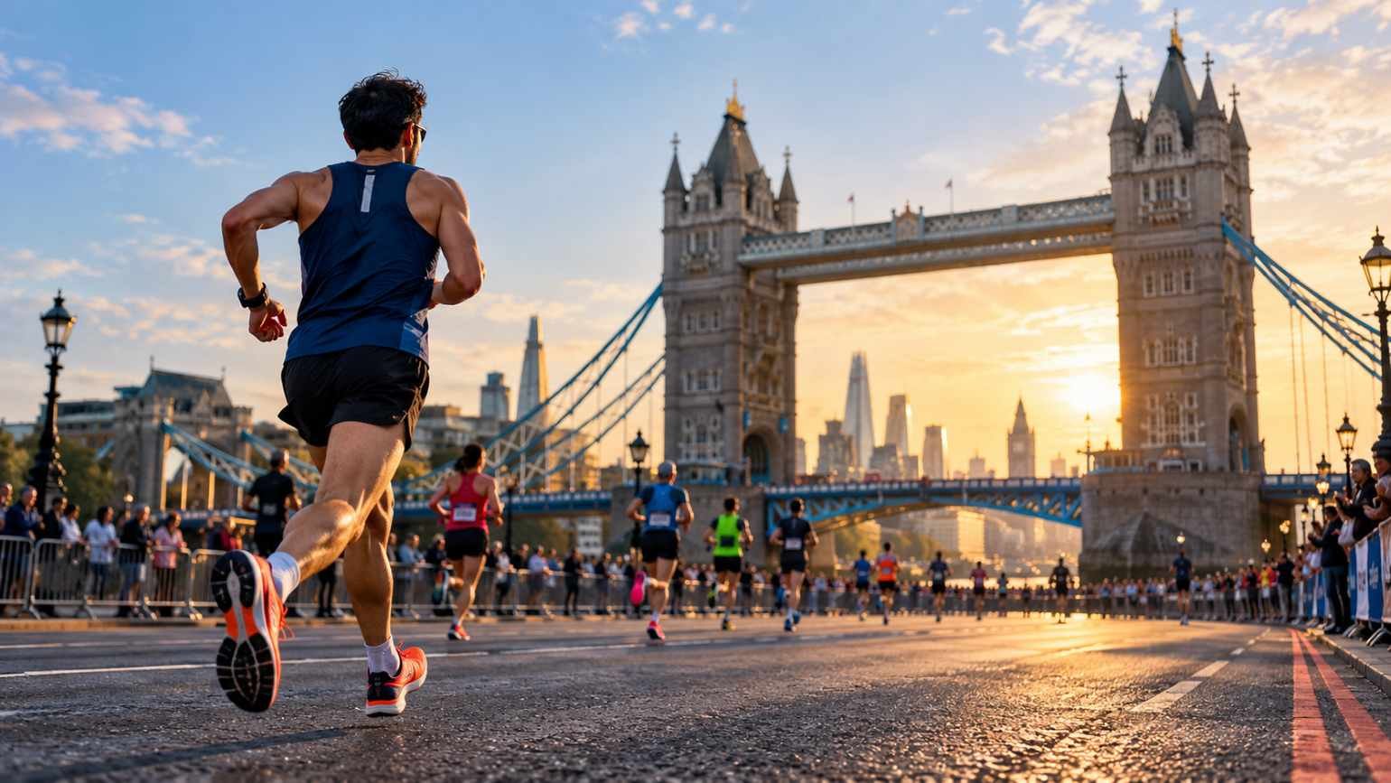 Illustration of a marathon runner approaching Tower Bridge in London