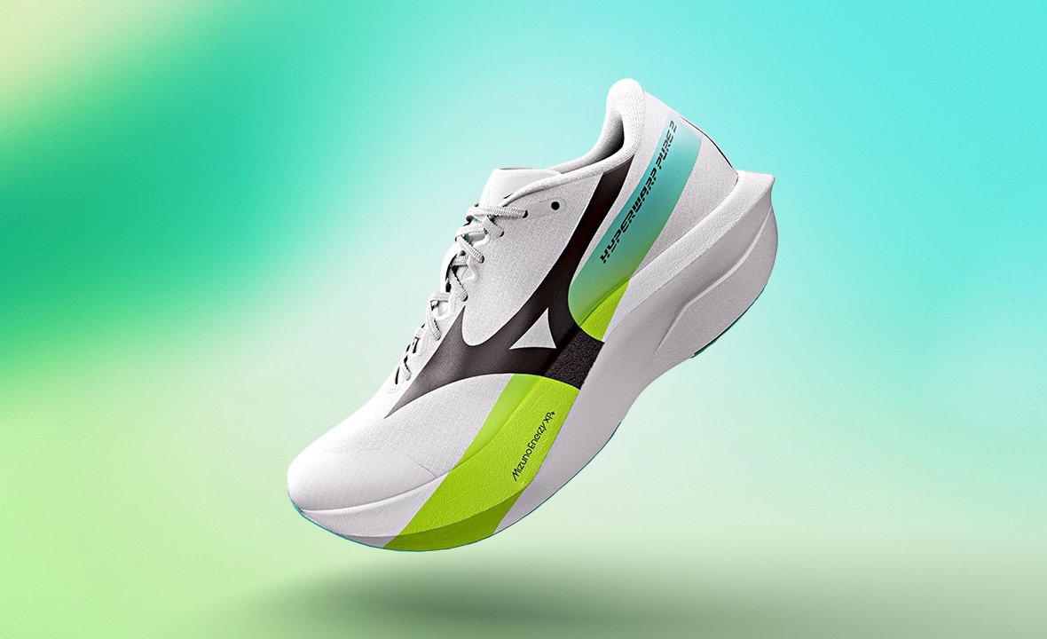 Mizuno Hyperwarp Pure 2 racing shoe in white, black and lime green colorway showing Enerzy XP+ midsole
