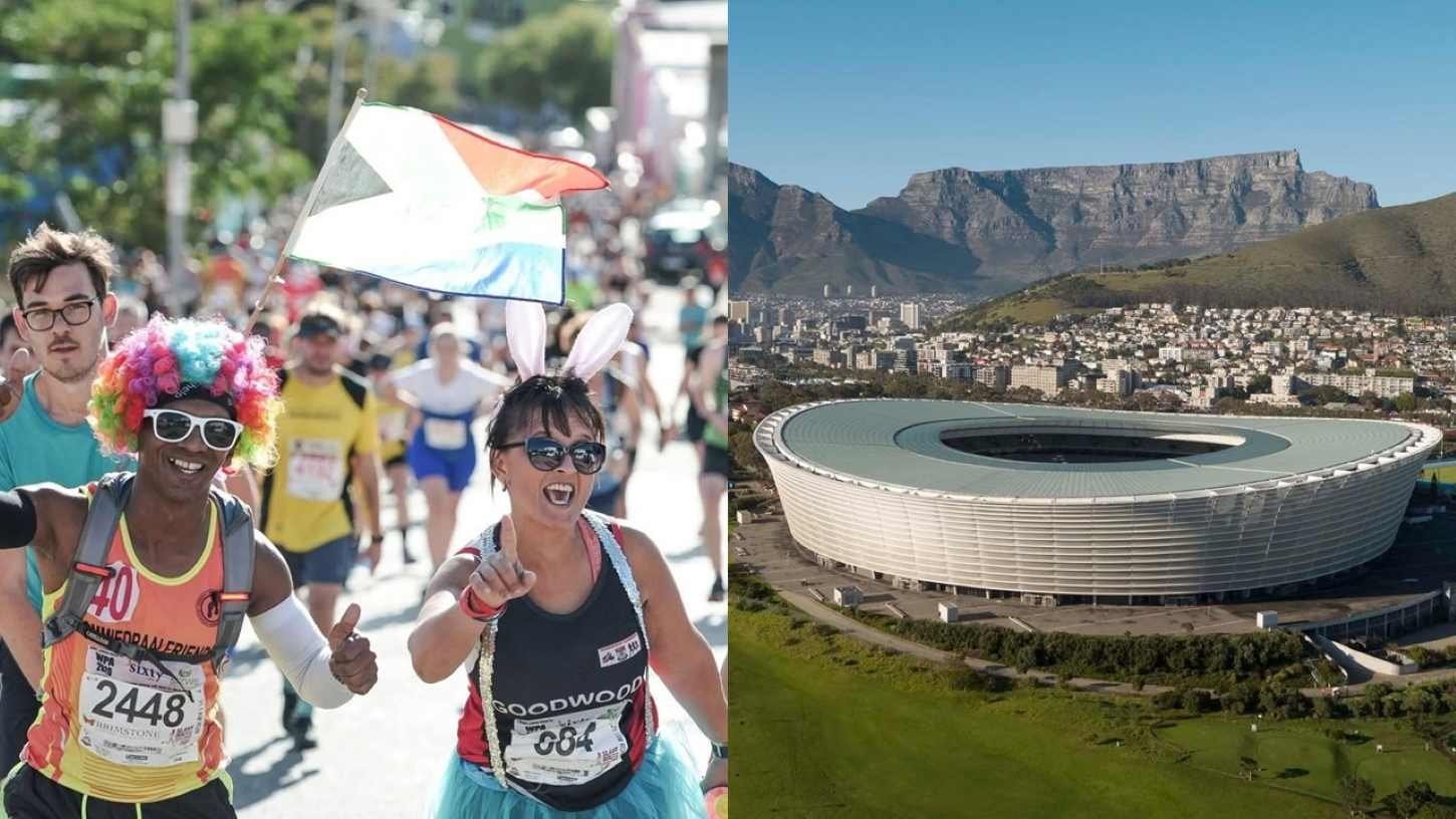 Left: Costumed runners waving a South African flag at a Cape Town road race. Right: Aerial view of DHL Stadium in Green Point with Table Mountain behind it — both landmarks on the Nelson Mandela Marathon 2026 course