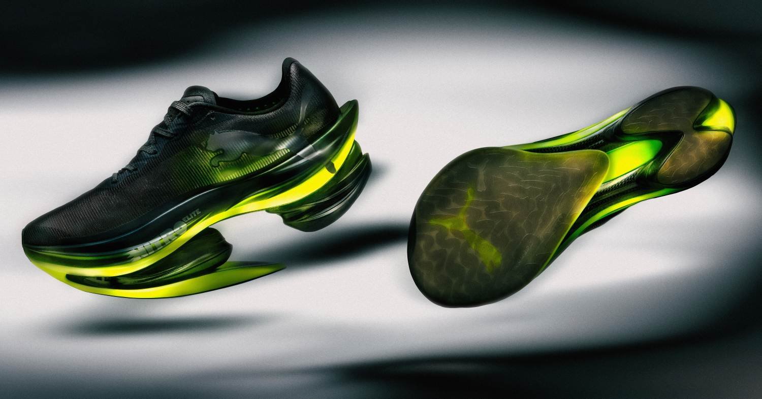 Puma Fast-RB Nitro Elite 2 in black and neon yellow, shown alongside its separated midsole unit revealing the dual fused carbon PWRPLATE springboard architecture